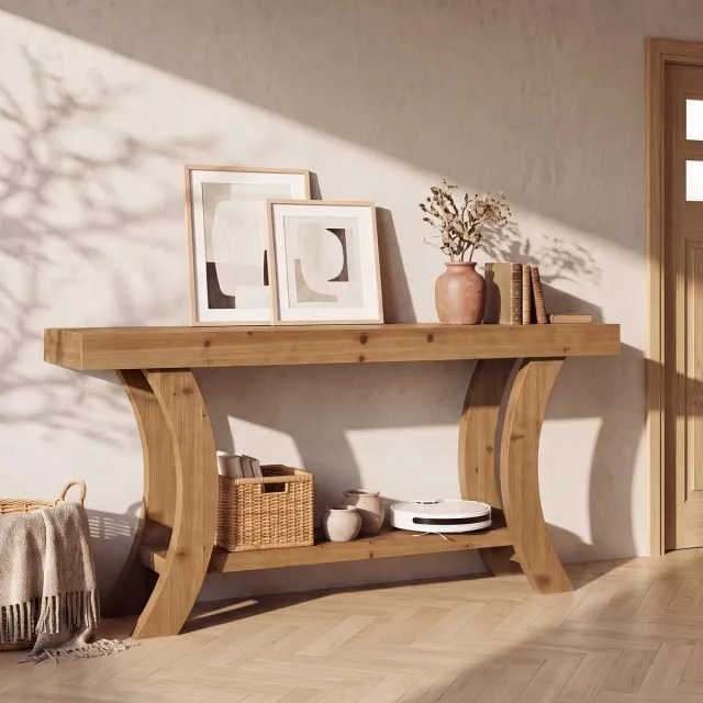 Little Trees LITTLE TREE Smalle Halplank - Consoletafel - Massief hout - Bruin - Landelijke stijl - 160 cm - Gebogen frame met opbergruimte voor ingang en woonkamer