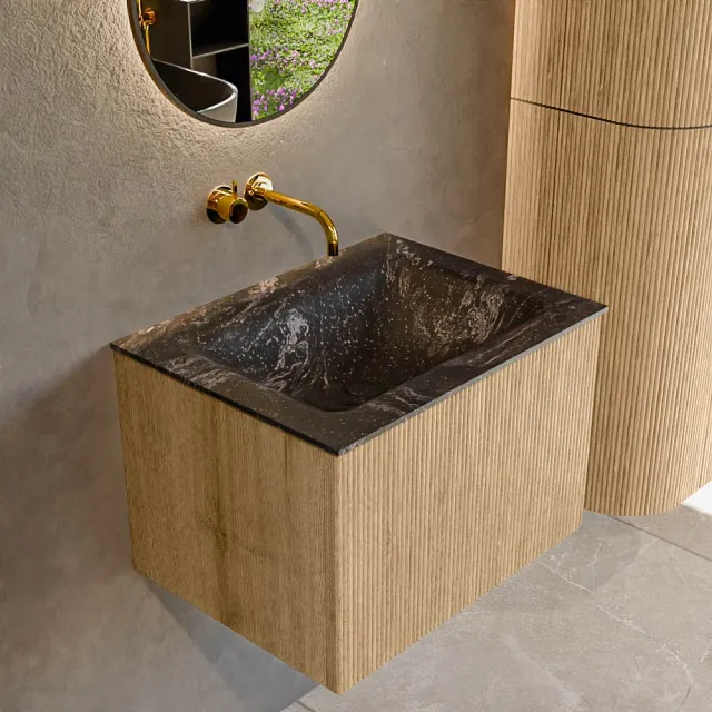 Mondiaz KURVE-DLUX 60 cm Onderkast Greeploos 1 Lade Zonder Deuren Oak, Wastafel Solid Surface Midden Lava 0 Kraangaten Zonder Spiegel (KRVCLO601L0D0KM-Oak/Lav)
