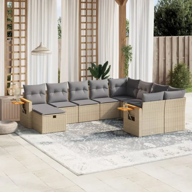 vidaXL 10-delige Loungeset met kussens poly rattan beige, foto 2