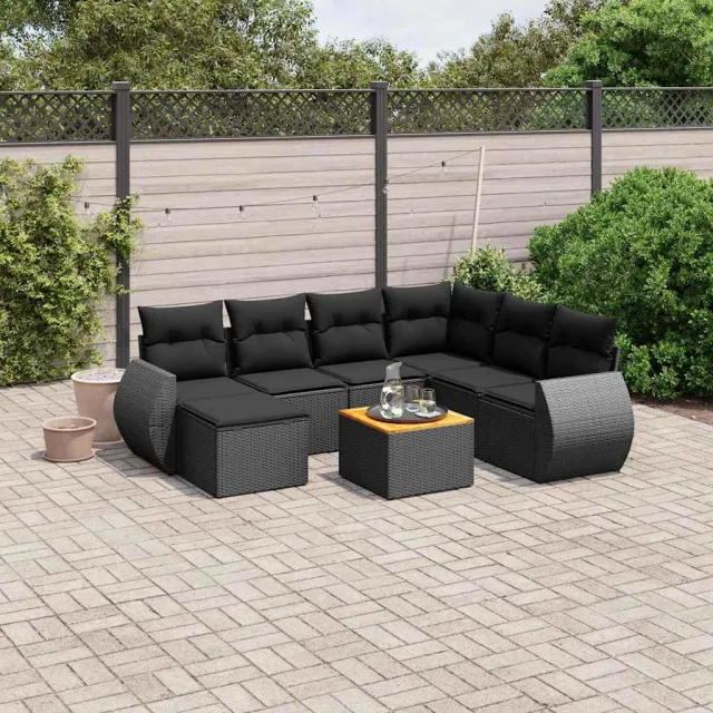 vidaXL 8-delige Loungeset met kussens poly rattan zwart, foto 2