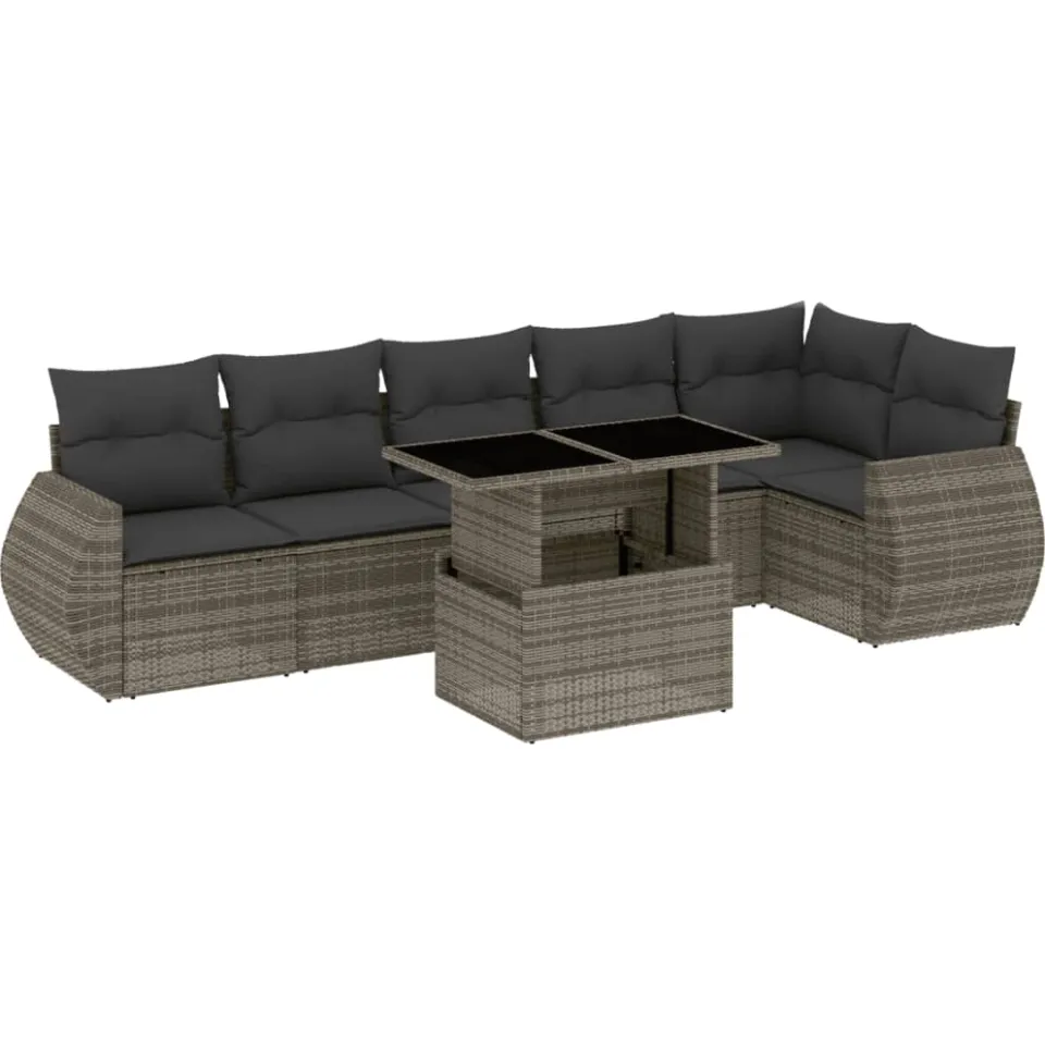 vidaXL 7-delige Loungeset met kussens poly rattan grijs, foto 3