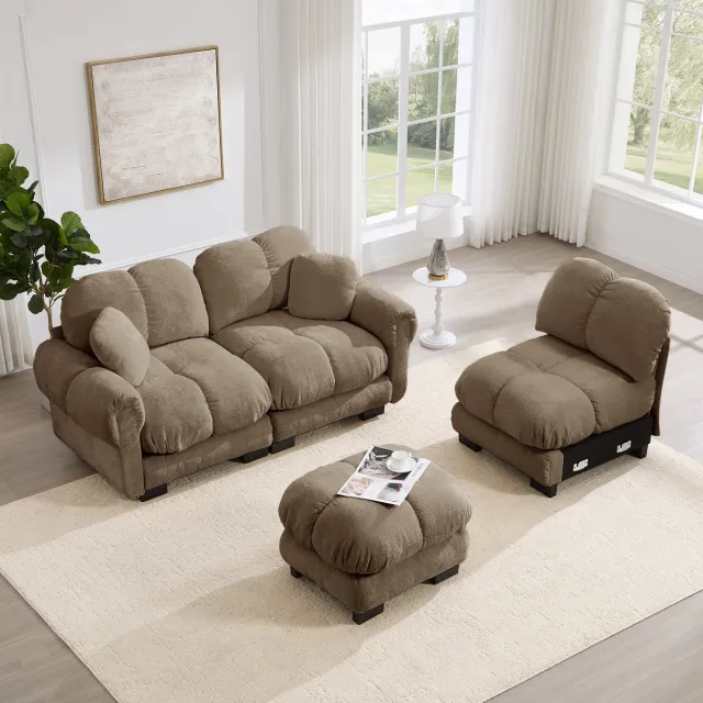 OKWISH Set 260 x 149 x 90 cm - 3-Zits L-Vormige Bank Met Verplaatsbare Ottomaan En 2 Kussens - Woonkamer - Chenille - Bruin