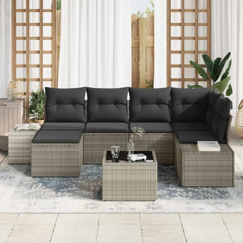 vidaXL Tuin Sofa Set 7 st Lichtgrijs poly rattan, foto 3