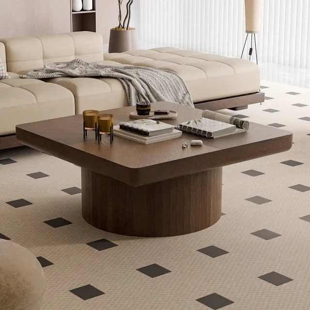 Clruro Salontafel - 78 × 78 cm - Vierkant Houtfineer met Cilindrische Basis - Modern Design - Hout - Walnoot
