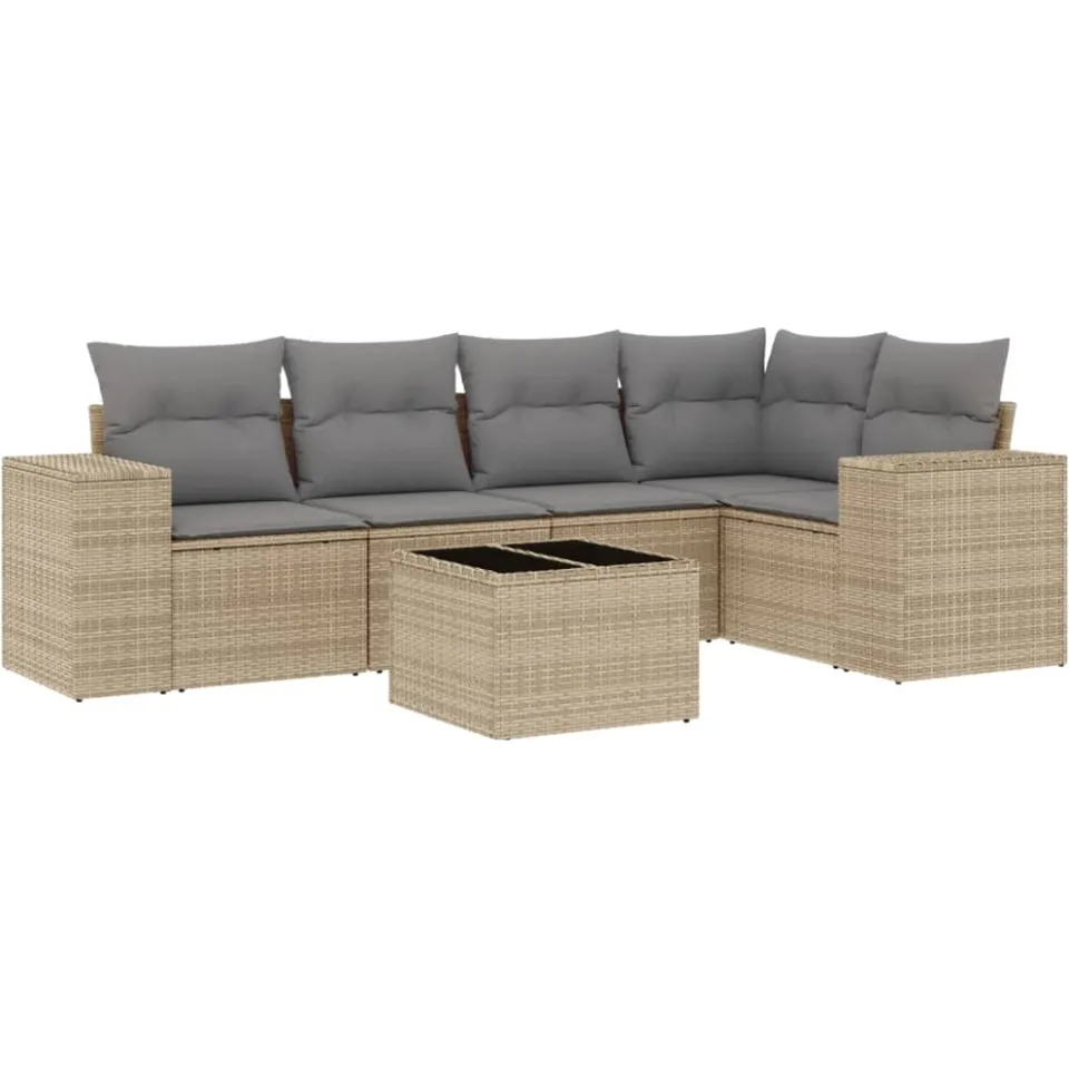 vidaXL 6-delige Loungeset met kussens poly rattan beige