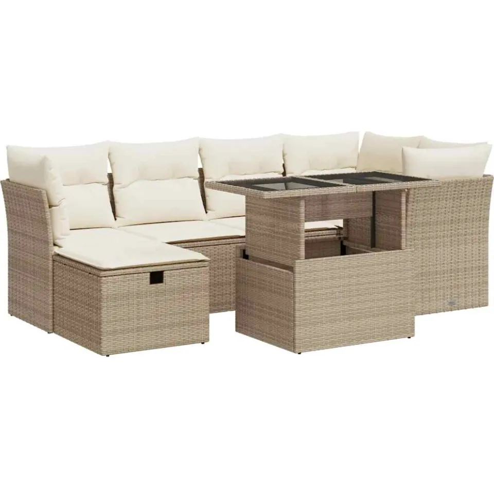 vidaXL 7-delige Loungeset met kussens poly rattan beige, foto 3