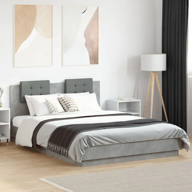 vidaXL Bedframe met hoofdbord en LED-verlichting betongrijs 150x200 cm