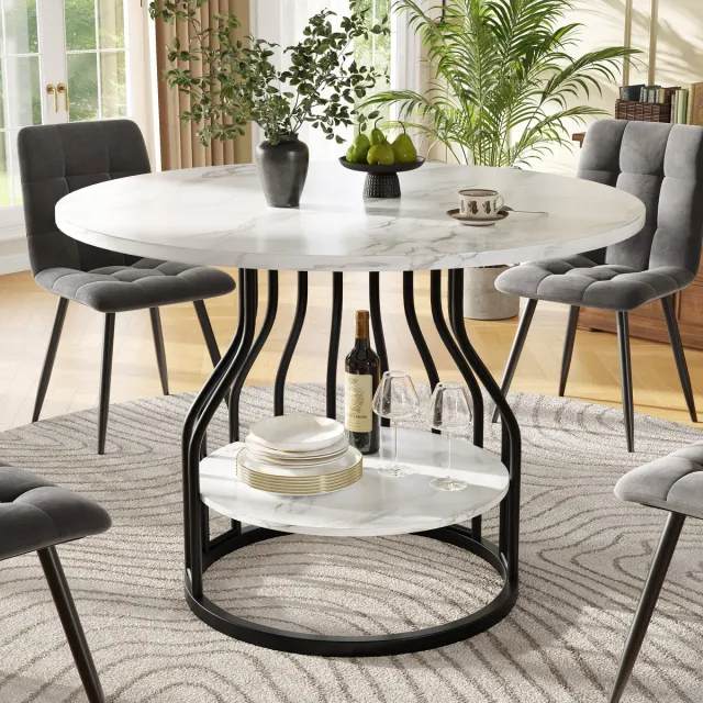 DESMIU Eettafel - Ronde Tafel Met Onderste Opbergruimte En Verstelbare Voeten - Voor Eetkamer En Woonkamer - MDF Marmerlook - 80x80x76 Cm - Zwart