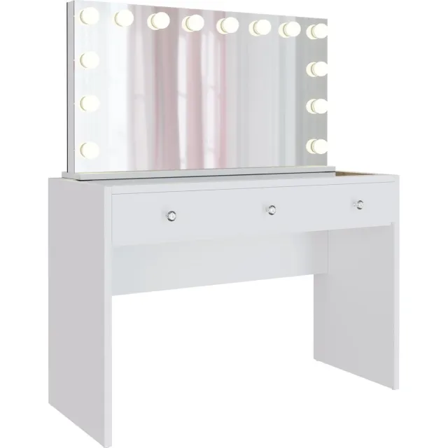 CLP Nettie kaptafel - met spiegel - Cosmetische tafel met LED-verlichting - met 3 laden - glazen blad en USB-poorten - wit