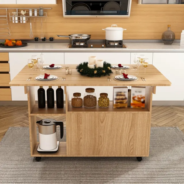 Pugsdrly Rechthoekige, opklapbare, verrijdbare eettafel 110 x 70 x 80 cm, multifunctioneel met 5 legplanken en 5 zwenkwielen (waarvan 4 vergrendelbaar), ruimtebesparend voor keuken, woning, kantoor, studentenwoning, lichte eikenlook Licht eiken