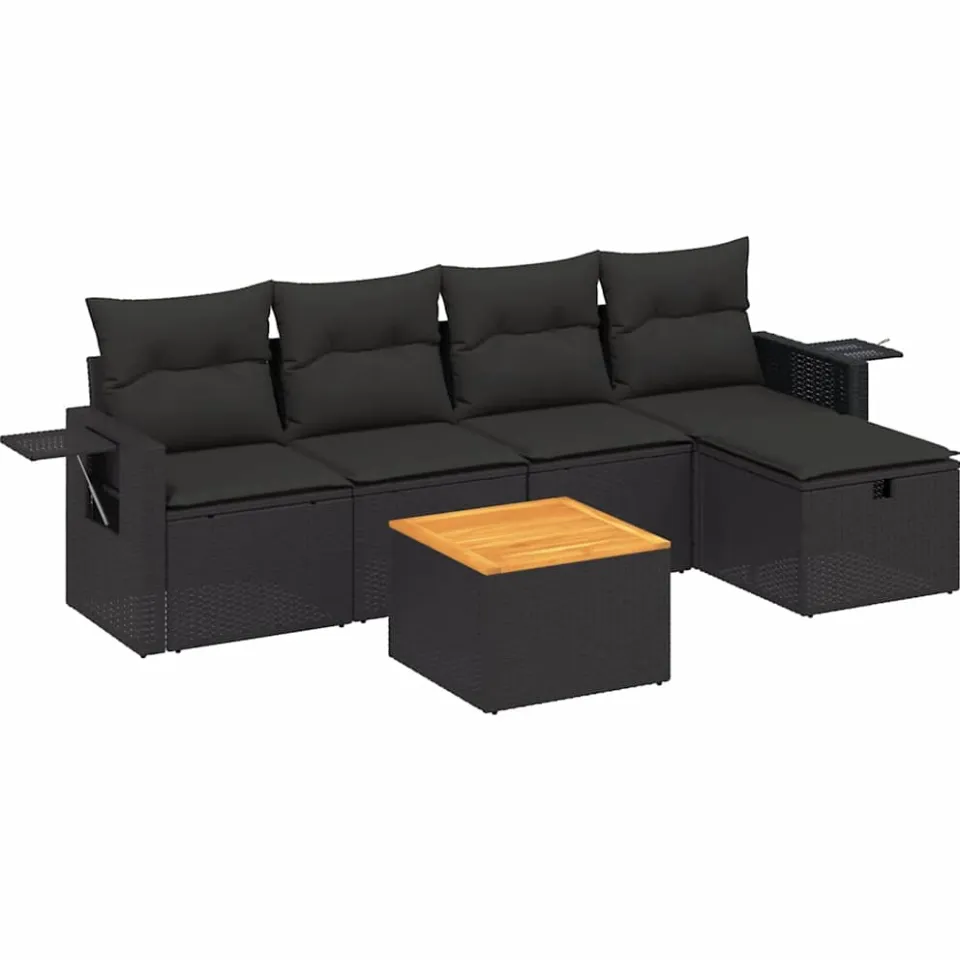 vidaXL 6-delige Loungeset met kussens poly rattan zwart, foto 3