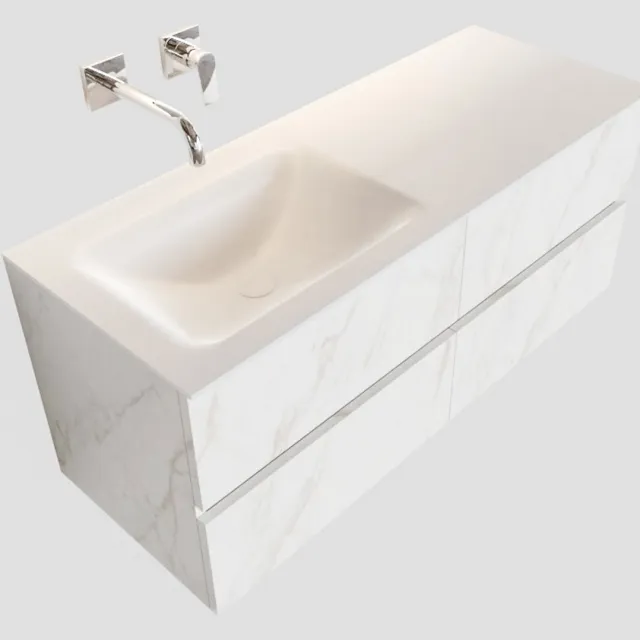 Boss & Wessing Badkamermeubel BWS Valencia Carrara Mat 120 cm Solid Surface Wastafel Rechthoekige Wasbak Links (0 kraangaten, 4 lades)
