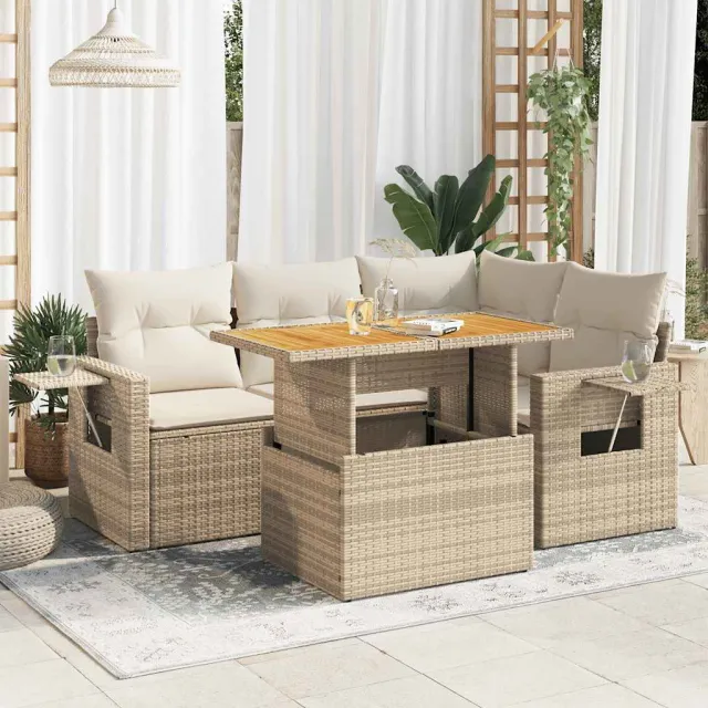 vidaXL 5-delige Loungeset met kussens poly rattan beige, foto 2