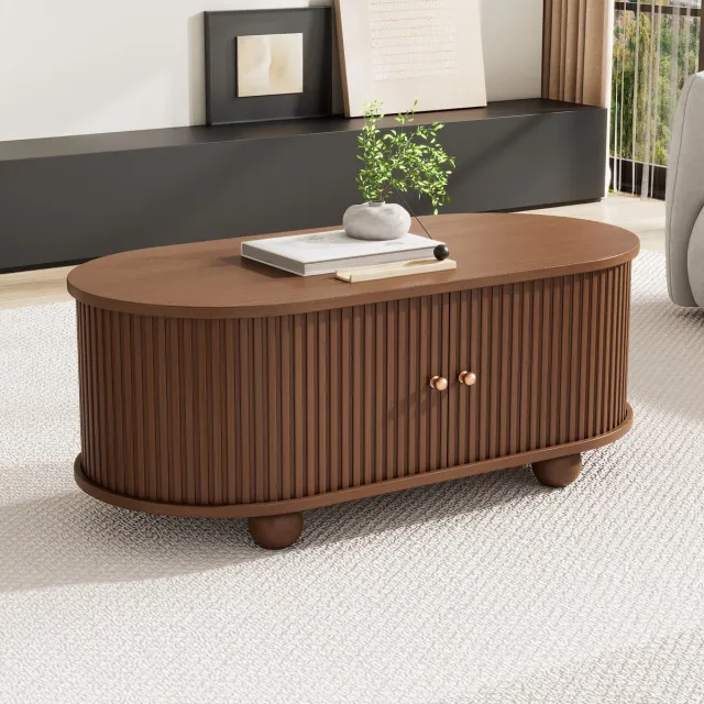 DESMIU Ovale Salontafel Met Opbergruimte En Schuifdeuren Voor Kleine Woonkamers En Smalle Ruimtes Van MDF In Walnoot 100x50x40 Cm Bruin