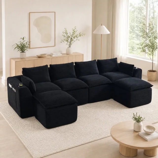 MEUNIQ modulaire 4-zits bank met 2 hockers, kussens, bekerhouder en zijvakken, ribstof, voor woonkamer of ontvangstruimte, zwart