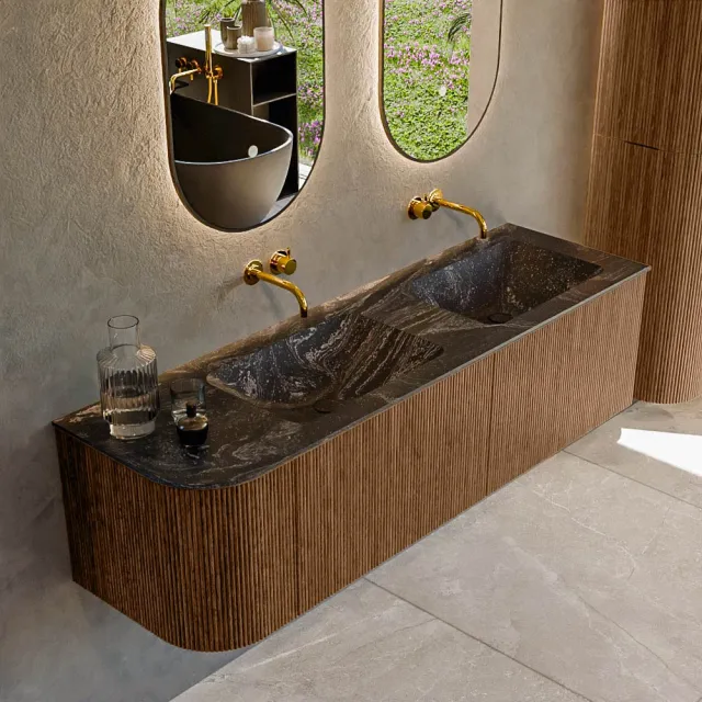 Mondiaz KURVE-DLUX 155 cm Onderkast Greeploos 2 Lades Met Deuren Walnut, Wastafel Solid Surface Rechts Lava 0 Kraangaten Zonder Spiegel (KRVLEA155L2L1D0KD-Wal/Lav)