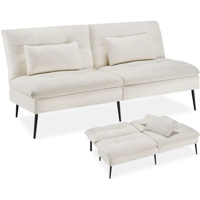 Tectake 3-in-1 Slaapbank - 2 Persoons - 6-voudig Verstelbare Rugleuning - 175 x 66 x 87 cm - Ligbank - Relaxstoel - Logeerbed - Inklapbaar - Opvouwbaar - Dikke Vulling met 2 Extra Kussens - Draagkracht 300 kg - Crème-wit