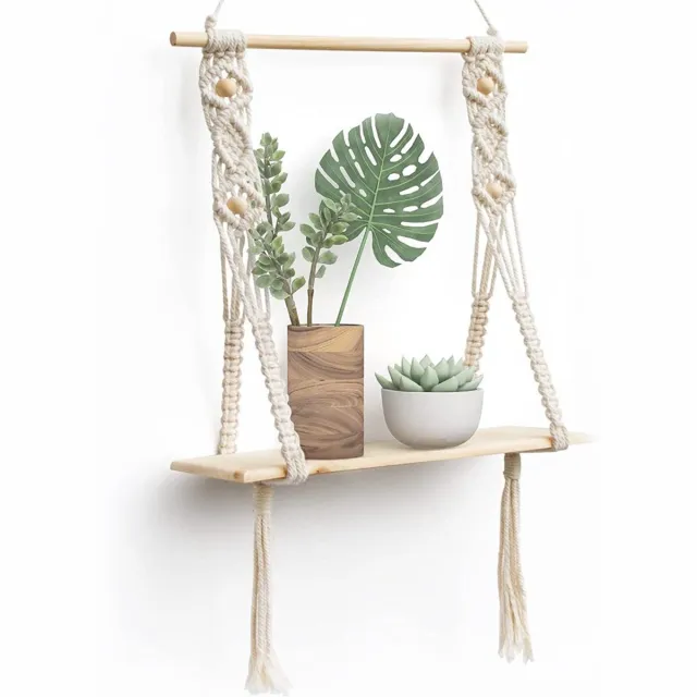 JeiibrZui Handgeweven wandplank - Hangplank - Gemaakt van stevig en duurzaam katoenen touw, met een elegante bohemian stijl, geschikt voor het tentoonstellen van planten en boeken - Los stuk - Geschikt voor woonkamer en badkamer, gebroken wit