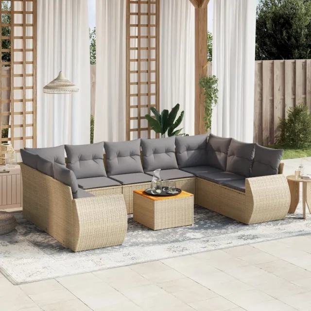 vidaXL 10-delige Loungeset met kussens poly rattan beige, foto 2