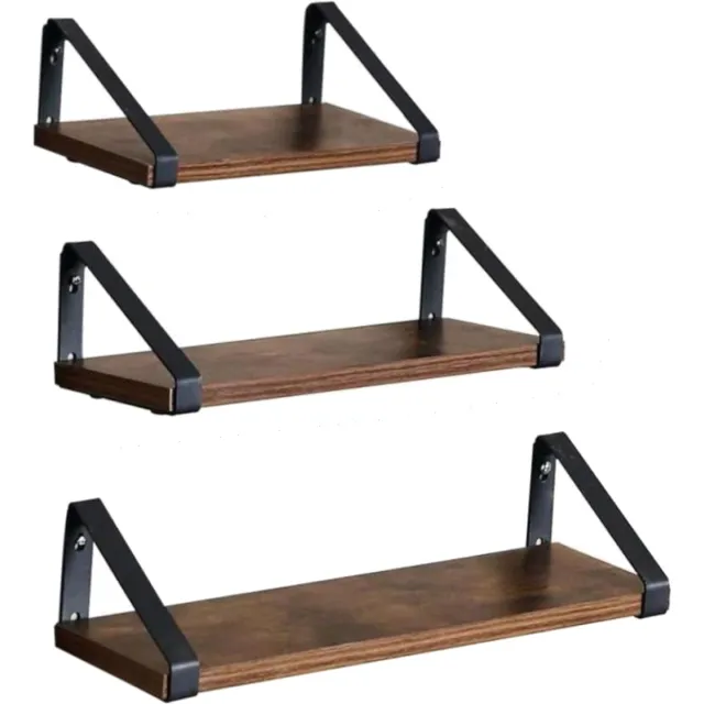 BEGRYF Set van 3 Wandplanken - Rustiek Bruin - Met Metalen Beugels - 30/35/40x12x11 cm - Industrieel Design - Houtlook Afwerking Donkerbruin