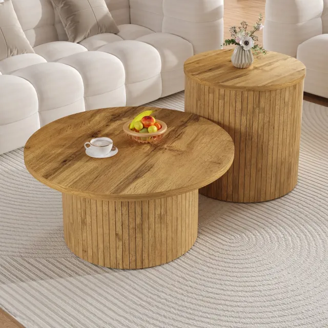 MIVRAY Salontafel Set - Dubbele Ronde Tafels Met Combineerbaar Design - Voor Woonkamer En Zitkamer - MDF Naturel - 75x75x36 En 50x50x50,5 Cm Natuurlijk