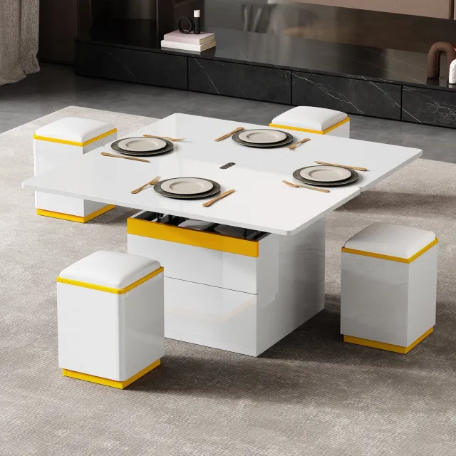 Wishdor Salontafelset Met 4 Krukken - Verstelbaar En Uitklapbaar - Modern - Woonkamer - MDF En Spaanplaat - Wit En Geel - 100 x 50 x 43 cm