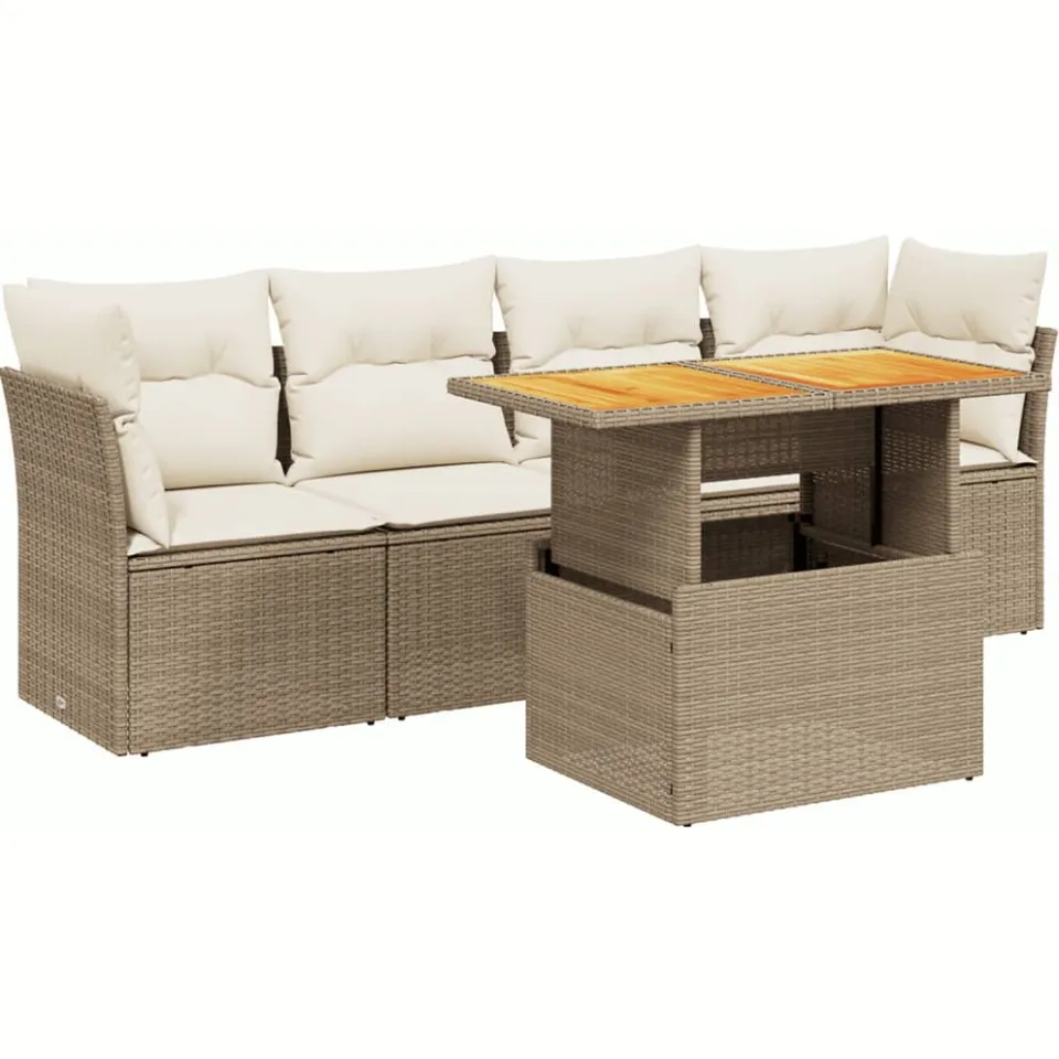 vidaXL 5-delige Loungeset met kussens poly rattan beige, foto 3