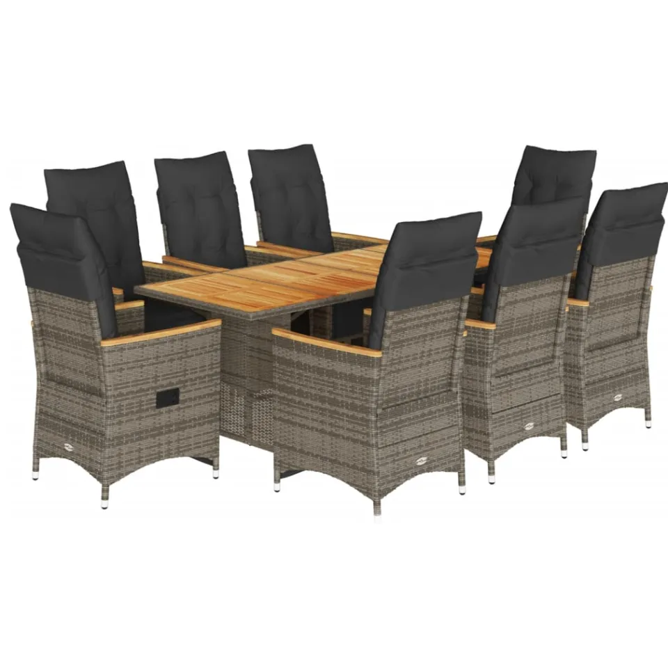 vidaXL 9-delige Bistroset met kussens poly rattan grijs, foto 3