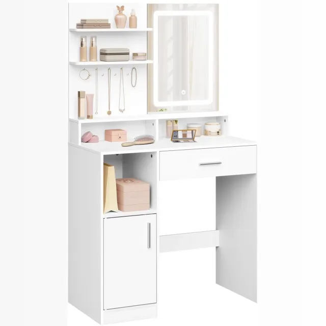 Whoopr® Kaptafel met Spiegel & LED-Verlichting – Make-up Tafel met Lade, Opbergkast & 3 Planken – Make-up Meubel voor Slaapkamer – Wit – 80 × 40 × 140 cm