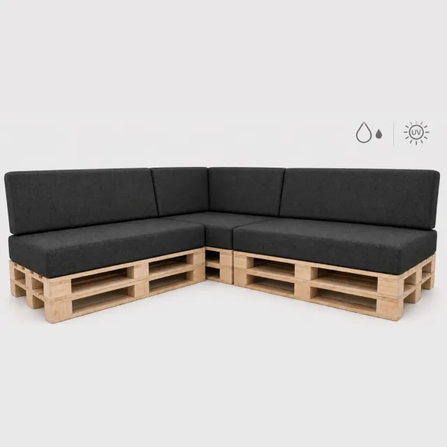 ODOL-PLUSZ Palletkussenset Hoekbank 3-delig 120x80 cm + 40x120 cm – UV-bestendige Tuinkussens voor Palletbank met Hoekrugkussen – Linnenlook – Links – Grafiet