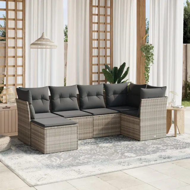 vidaXL 6-delige Loungeset met kussens poly rattan lichtgrijs grijs, foto 2