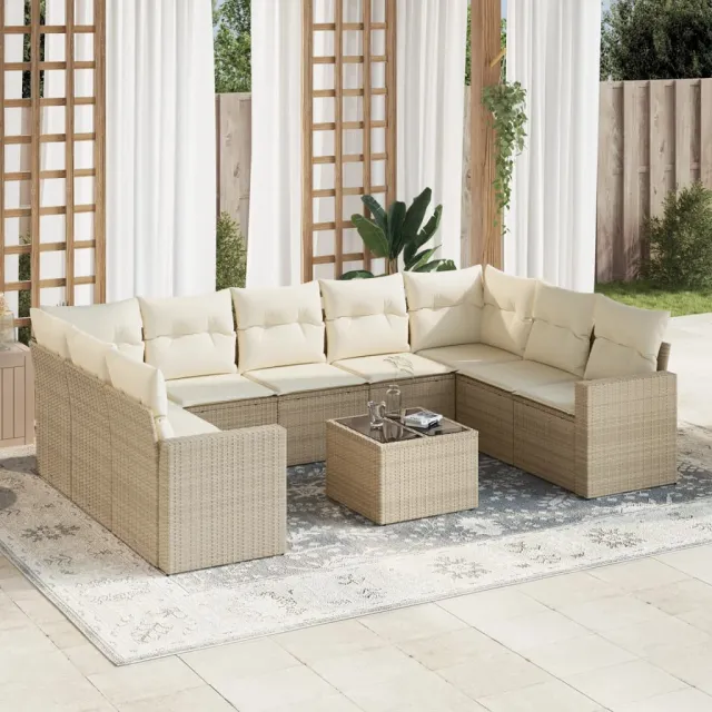 vidaXL 10-delige Loungeset met kussens poly rattan beige, foto 2