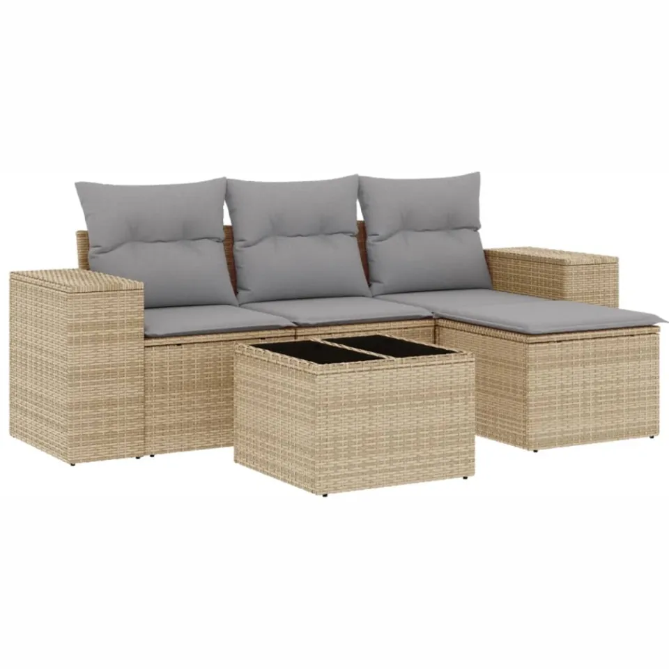 vidaXL 5-delige Loungeset met kussens poly rattan beige
