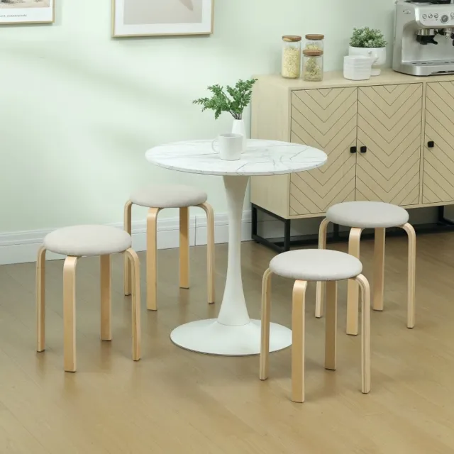 Wishdor Set Van 4 Stapelbare Eetkamerkrukken - Rond En Ruimtebesparend - Modern Ontwerp - Voor Eethoek Of Woonkamer - Hout Met Zitting Van Stof In Linnenlook - Crèmewit - 40 X 40 X 45 Cm Crèmekleurig