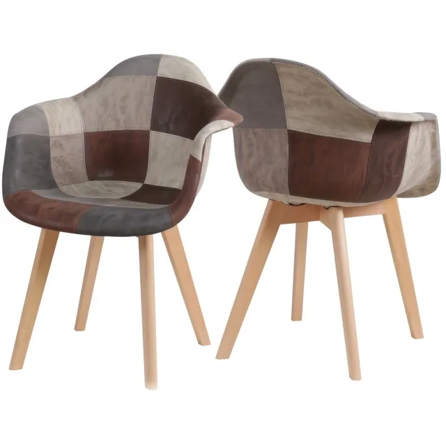 Corenia Eetkamerstoel – Stoel – Kuipstoel – Armstoel – Draaistoel – Set van 2 – Ergonomisch Design – Houten Poten – Patchwork Ruitmotief Bruin & Beige