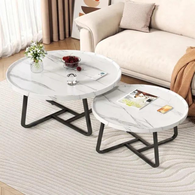 Triumpunpre Salontafel Set van 2 / Ronde Nesting Bijzettafels - Marmerlook Blad & Zwart IJzeren Frame - Groot (80 cm) & Klein - Met Opstaande Rand & Antislipvoetjes - Wit/Zwart - Voor Woonkamer