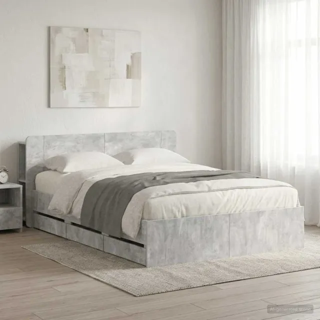 vidaXL Bedframe met opbergruimte en hoofdbord Betongrijs 150 x 200 cm