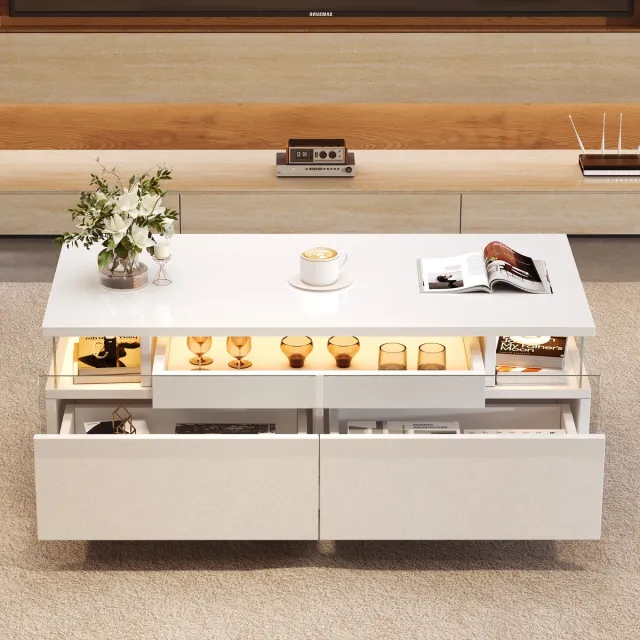 MODFU Salontafel Met 2 Laden En Uitneembaar Dienblad - Modern - Voor Woonkamer - Spaanplaat En Glas - Wit - 90 X 45 X 35,5 Cm