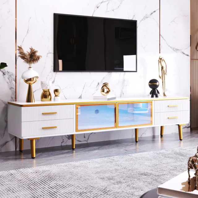 COVREO Tv-meubel 170x37x47,5 cm – wit met goud, LED, 4 lades en 2 deuren White