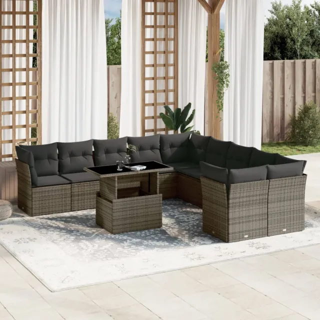 vidaXL 11-delige Loungeset met kussens poly rattan grijs, foto 2