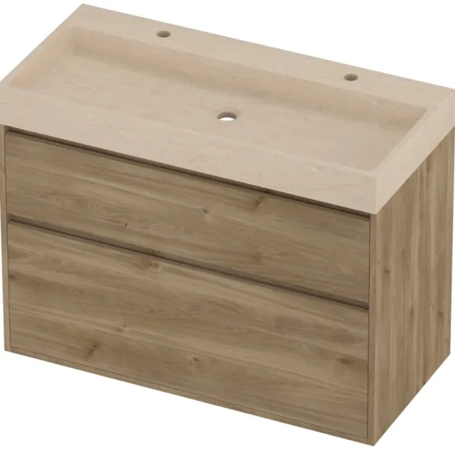 Proline Evoli Badmeubelset Hardsteen Loft 2 Kraangaten Greeploos 100x46x75 cm Sand Stone Cider Oak Eiken