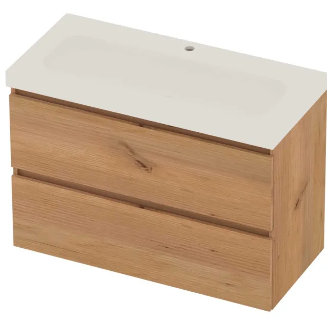 Basic-Line Moby 46 Badmeubelset Polystone 1 Kraangat Greeploos 100x46x66 cm Whisky Oak Mat Wit