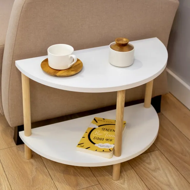 City of Wood Halfronde Salontafel Houten Poten met Twee Planken Decoratief Tijdschriftenrek, Krantenhouder - Wit