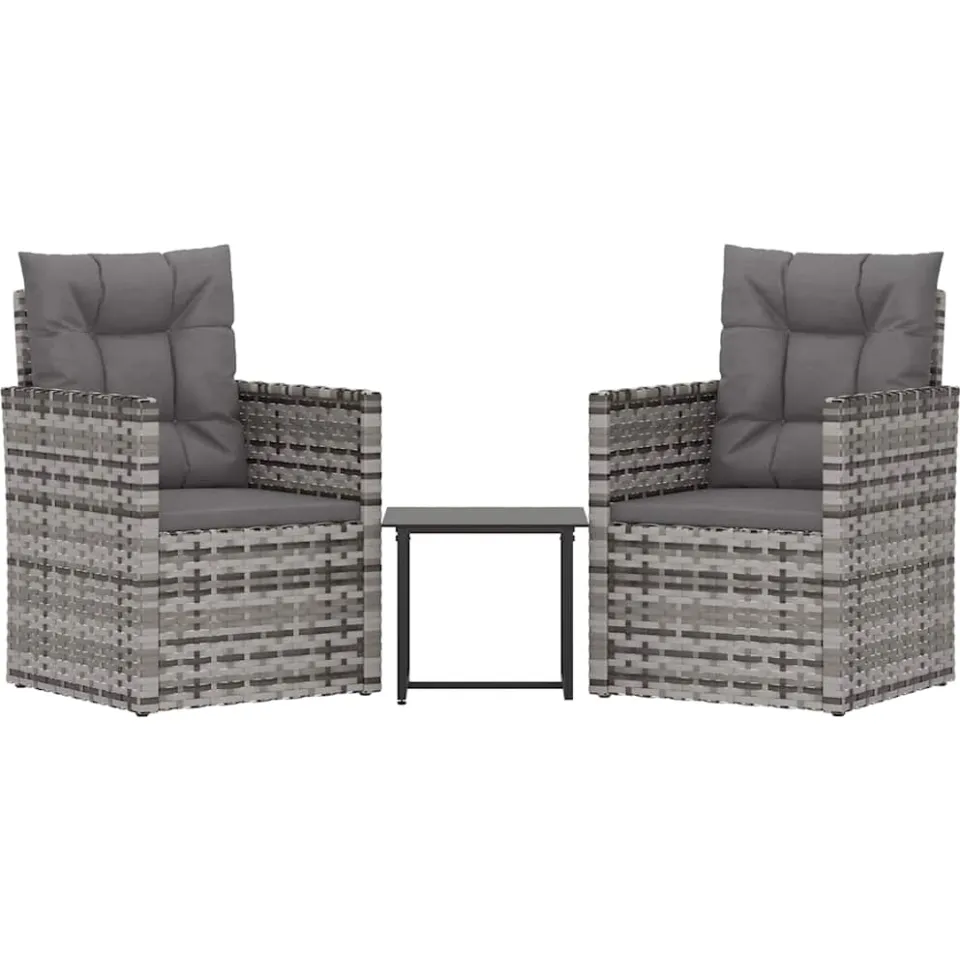vidaXL 3-delige Loungeset met kussens poly rattan grijs, foto 3