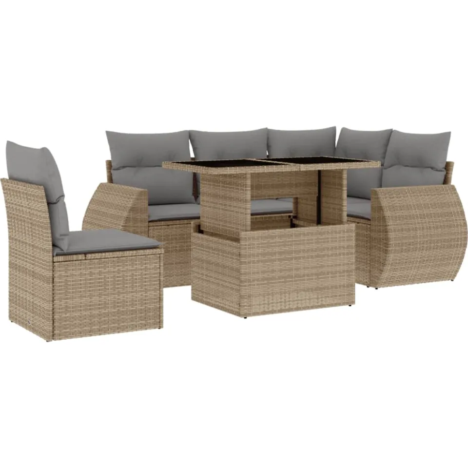 vidaXL 6-delige Loungeset met kussens poly rattan beige, foto 3