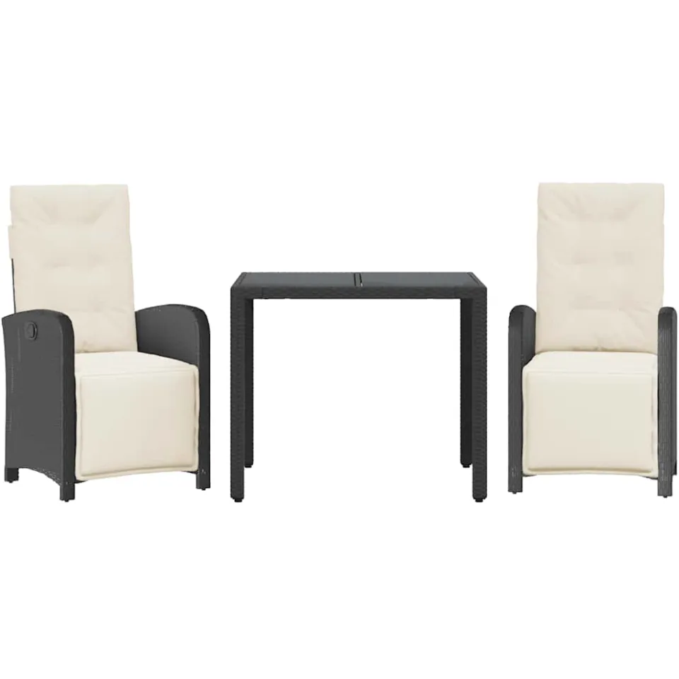 vidaXL 3-delige Bistroset met kussens poly rattan zwart, foto 3