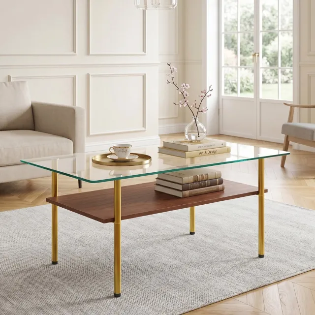 DESMIU Salontafel - Glazen Tafelblad Met MDF Opbergplank - Rechthoekig Voor Woonkamer Of Kantoor - Hout Glas Metaal - 97,7x57,7x45 Cm - Bruin Goud Brown+Gold