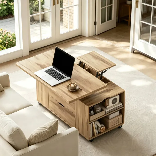 HAUSS SPOLE Salontafel - Verrijdbaar Met Hefblad En Lade - Voor Woonkamer Of Werkkamer - Hout En Metaal - 100x50,5x53 Cm - Licht Eiken