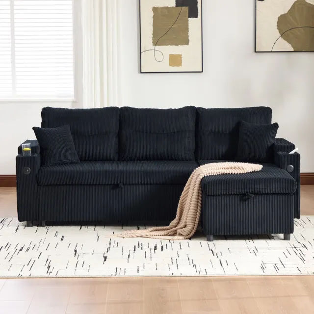 VVBV Hoekbank met Opbergruimte 212.5x136x86 cm – Lades, USB/Type-C, Bekerhouders, Tot 300 kg, Armleuningen – voor Woonkamer – Ribstof – Zwart
