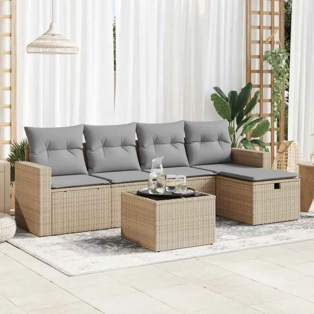 vidaXL 6-delige Loungeset met kussens poly rattan beige, foto 2